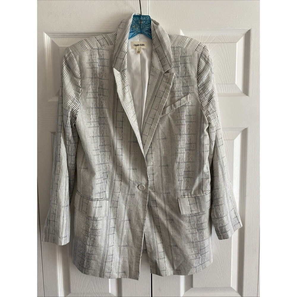 Open Edit Abstract Pinstripe Blazer Womens Size S White Black Professional Work